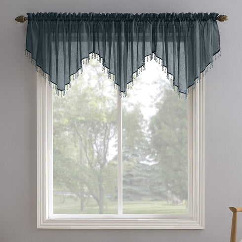 No. 918 Erica Crushed Texture Sheer Voile Beaded Ascot Rod Pocket Curtain Valance, 51 in x 24, Teal