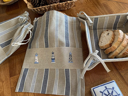 Cotton Cloth Bread Bags for Artisan Homemade Bread Reusable Food Storage - Large Drawstring Bread Bags and Bread Serving Basket - Embroidered Set of 3 (Nautical - Lighthouse)