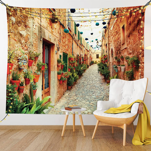 Ambesonne European Tapestry, Spanish Alley Rock Houses and Plants Latin Tourism Scene Mediterranean Print, Wide Wall Hanging for Bedroom Living Room Dorm, 60" X 40", Cream Green