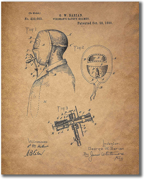 BigWig Photos Fireman Patent Wall Art Prints - Firemen Firefighter Gift Set of 6 (8 inches x 10 inches)