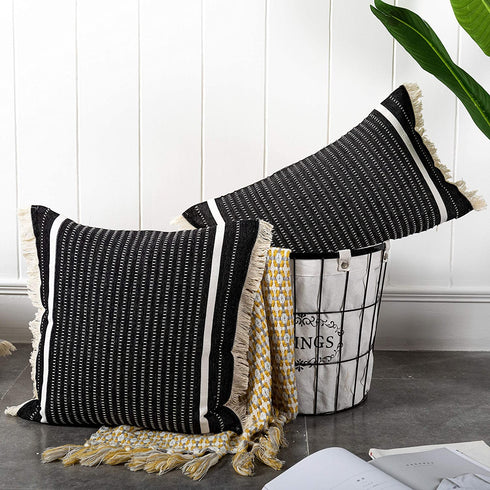 OJIA Modern Throw Pillow Cover with Tassels, Decorative Liana Fringe Accent Cushion Case, Farmhouse Woven Pillowcase for Sofa Chair Couch Bed Decor (Square 18 Inches, Black)