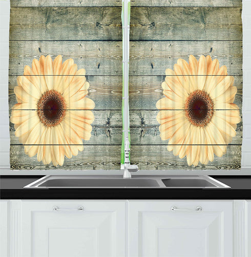 Ambesonne Floral Kitchen Curtains, Rustic Wooden Planks with Sunflower Floral Oak Tree Daisy Gerbera Country, Window Drapes 2 Panel Set for Kitchen Cafe Decor, 55" X 39", Yellow Grey