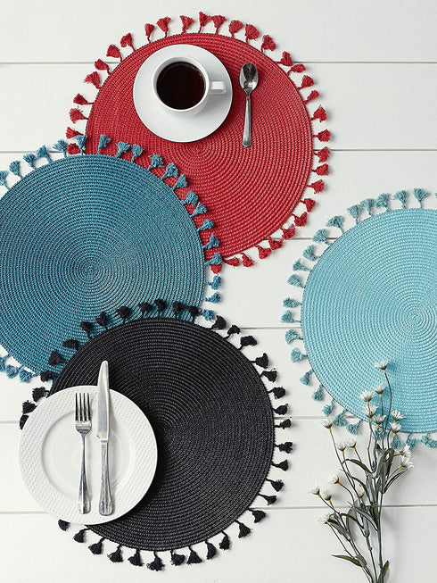 DII Woven Placemat Collection Round, 14.75" Diameter, Hot Red Tassel, 6 Piece
