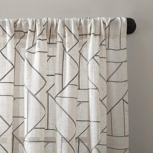 Archaeo Fragmented Geometric Embroidery Mid-Century Modern Natural Blend Curtain, 50 in x 84 in Panel, Gray/Linen