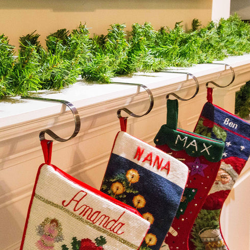 Elf Logic - 4 Pack Christmas Stocking Holder - Large Elegant, Adjustable, Metal Stocking Hook - Low Profile Christmas Fireplace Hooks/Mantle Clips for Mantles Between 3 and 5 inches. (4 Pack)