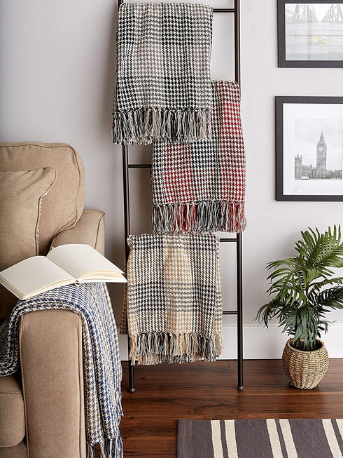 DII French Blue & Gray Houndstooth Plaid Throw, 50x60 with 2.5" Fringe