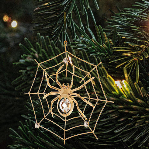 24K Gold Plated Crystal Studded Spider on Web Hanging Ornaments for Christmas Tree, Christmas Spider Miracle Traditions, Decor - The Tradition of Tinsel Legend Spider on Web Ornament