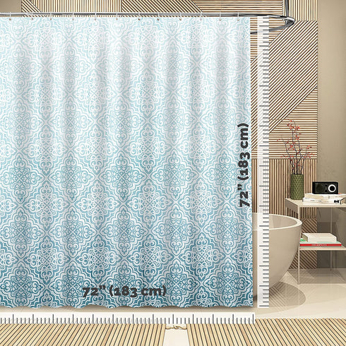 LYNXTEX Teal Blue Shower Curtain - Polyester Fabric Waterproof Weighted Hem Farmhouse Boho Shower Curtain Set with 12 Hooks for Bathroom Decor 72 X 72 Inch - Ombre Damask