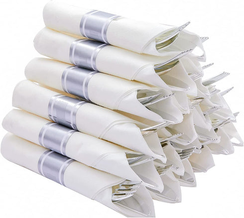 N9R 30 Pack Pre Rolled Silver Plastic Cutlery Set, Wrapped Plastic Silverware Set with 30 Forks, 30 Knives, 30 Spoons and 30 Napkins, Disposable Cutlery Set for Party and Wedding