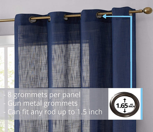 HLC.ME Abbey Faux Linen Textured Semi Sheer Privacy Sun Light Filtering Transparent Window Grommet Short Thick Curtains Drapery Panels for Bedroom & Living Room, 2 Panels (54 W x 72 L, Navy Blue)