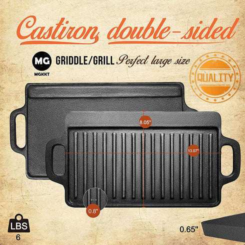 Cast Iron Griddle Plate 13 x 8 inch | Reversible Cast Iron Grill / Griddle Pan | Double Sided Stove Top Griddle On Single Burner | Pre-Seasoned Small Cast Iron Griddle 1 Piece
