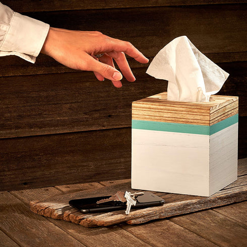 Modern Square Wooden Tissue Box Cover Holder for Bathroom Vanity Countertops, Bedroom Dressers, Night Stands, Desks and Tables, Rustic Farmhouse - White and Sea Mist Green