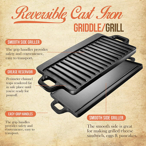 Cast Iron Griddle Plate 13 x 8 inch | Reversible Cast Iron Grill / Griddle Pan | Double Sided Stove Top Griddle On Single Burner | Pre-Seasoned Small Cast Iron Griddle 1 Piece