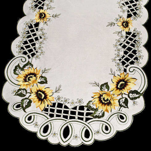 Linens, Art and Things Embroidered Sunflower Table Runner Dresser Scarf Coffee Table Doily 14 x 26 Inch