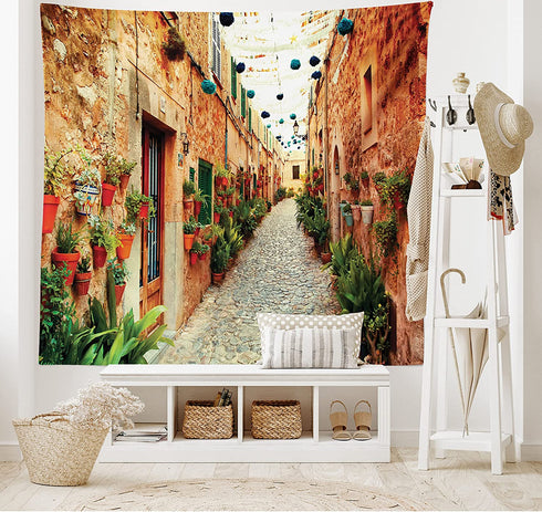 Ambesonne European Tapestry, Spanish Alley Rock Houses and Plants Latin Tourism Scene Mediterranean Print, Wide Wall Hanging for Bedroom Living Room Dorm, 60" X 40", Cream Green