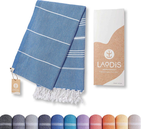 LAODIS Turkish Beach Towel 39 x 71 Quick Dry Sand Free Lightweight Large Oversized Beach Towel Turkish Towels for Camping Yoga Gym Pool Travel - Blue