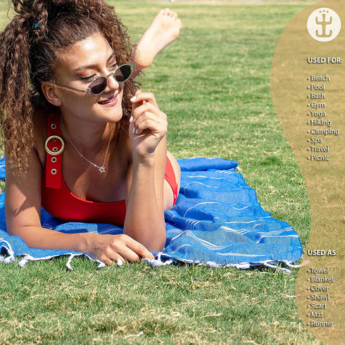 LAODIS Turkish Beach Towel 39 x 71 Quick Dry Sand Free Lightweight Large Oversized Beach Towel Turkish Towels for Camping Yoga Gym Pool Travel - Blue