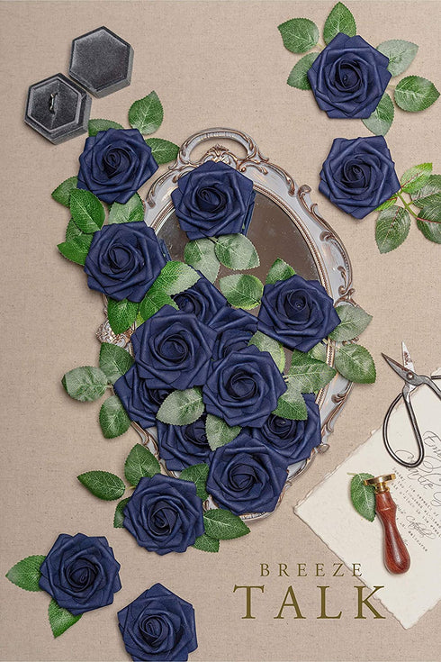 Breeze Talk Artificial Flowers Navy Blue Roses 25pcs Realistic Fake Roses w/Stem for DIY Wedding Bouquets Centerpieces Arrangements Party Baby Shower Home Decorations