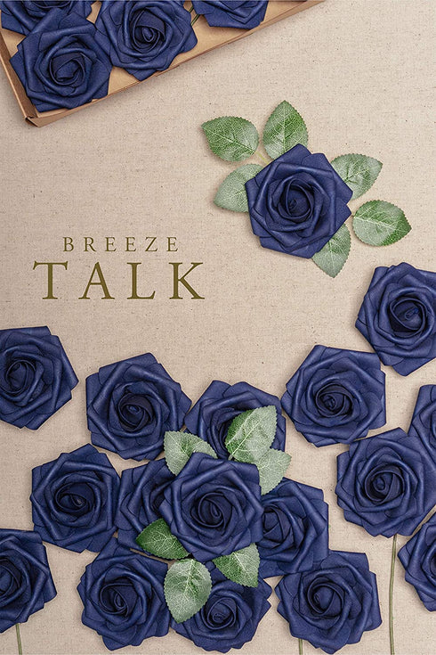 Breeze Talk Artificial Flowers Navy Blue Roses 25pcs Realistic Fake Roses w/Stem for DIY Wedding Bouquets Centerpieces Arrangements Party Baby Shower Home Decorations