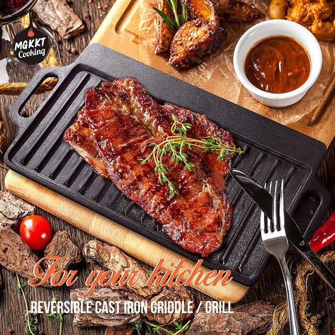 Cast Iron Griddle Plate 13 x 8 inch | Reversible Cast Iron Grill / Griddle Pan | Double Sided Stove Top Griddle On Single Burner | Pre-Seasoned Small Cast Iron Griddle 1 Piece