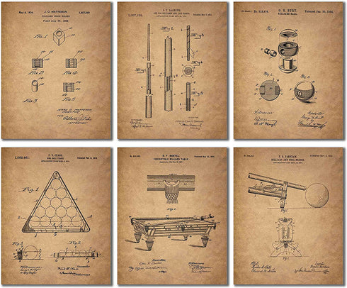 Billiards Patent Wall Art Prints - Set of 6 Vintage Pool Historical Photos