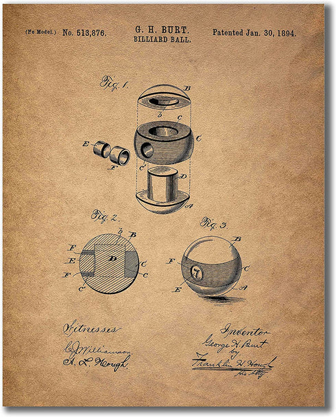 Billiards Patent Wall Art Prints - Set of 6 Vintage Pool Historical Photos