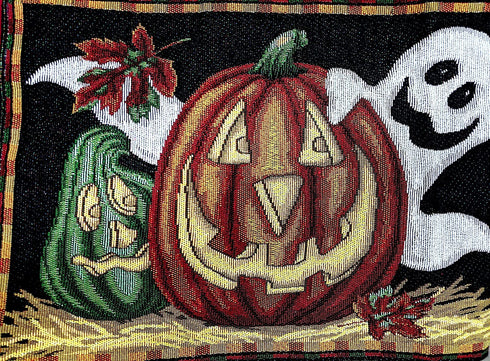 DaDa Bedding Spooky Halloween Pumpkins Tapestry Table Runner - Fall Harvest Orange Jack-o'-Lantern Ghosts Intricate Needle Stitching - Cotton Linen Woven Kitchen Dining Mats - 13" x 67"