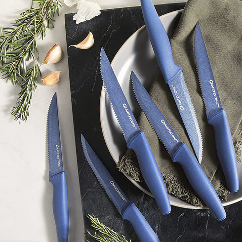 Nutriblade 6-Piece Steak Knives Set by Granitestone Stainless Steel Serrated Blades with Comfortable Handles Dishwasher-safe Rust-proof Steak Knife For Home and Restaurant Use As Seen On TV (Blue)