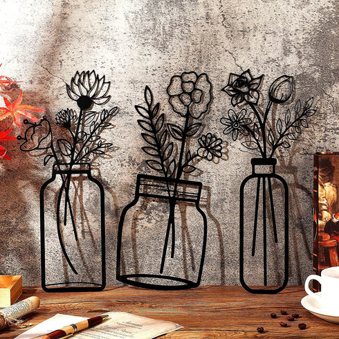 Hotop 3 Pieces Metal Vase Flowers Wall Art Flower in Vase Hanging Iron Wall Decoration Vase Flowers Interior Decor Natural Themed Metal Wall Art for Home Indoor and Outdoor Lovers