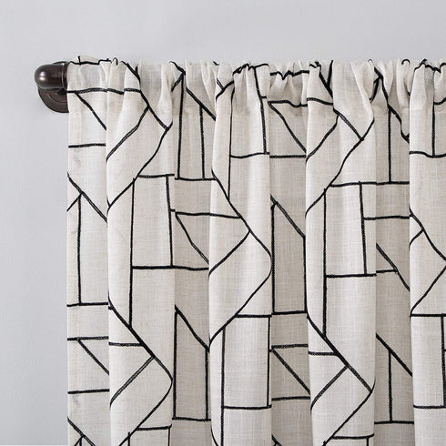 Archaeo Fragmented Geometric Embroidery Mid-Century Modern Natural Linen Blend Curtain, 50" x 84", Black/Linen