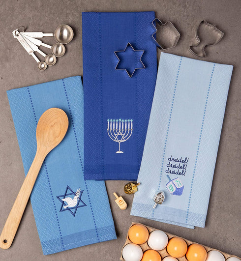 DII Hanukkah Collection Kitchen, Dishtowel Set, 18x28, Embroidered Dreidel, 3 Piece