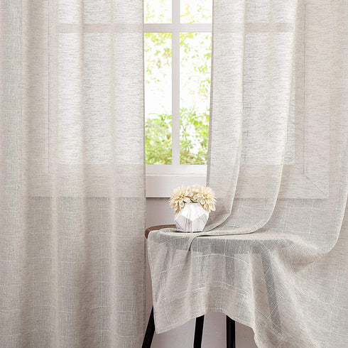 Central Park Linen Semi Sheer Curtain White GEO Cross Embroidery Panels Linen Texture Rod Pocket Window Treatment Drape Sets for Living and Bedroom Farmhouse 63 inches Long, 2 Panels, Linen
