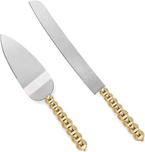 Homi Styles wedding cake knife and server set | Elegant Gold Color With Beaded Handles & Premium 420 Stainless Steel Blades | Cake & Pie Serving Set For Wedding Cake, Birthdays, Anniversaries, Parties