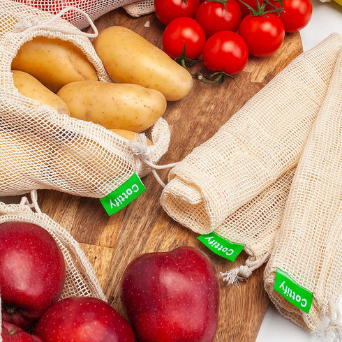 12+1 Reusable Produce Bags Grocery Washable | Organic Cotton Mesh Produce Bags | Double-Stitched & Tare Weigh | Onions Bag | Cotton Produce Bags Reusable Washable | Bulk of 13 (4S, 4M, 4L +1 Muslin)
