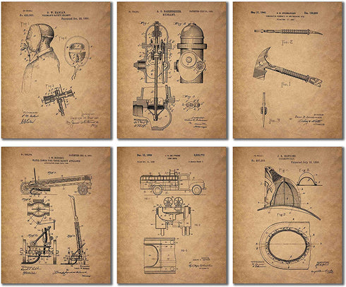 BigWig Photos Fireman Patent Wall Art Prints - Firemen Firefighter Gift Set of 6 (8 inches x 10 inches)