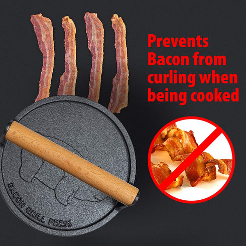 Chef's Secret 7-Inch Preseasoned Cast Iron Bacon Press, Durable Kitchen Tool with Pig Logo and Wood Handle
