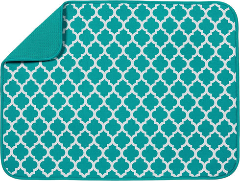 S&T INC. Absorbent, Reversible XL Microfiber Dish Drying Mat for Kitchen, 18 Inch x 24 Inch, Teal Trellis