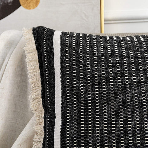OJIA Modern Throw Pillow Cover with Tassels, Decorative Liana Fringe Accent Cushion Case, Farmhouse Woven Pillowcase for Sofa Chair Couch Bed Decor (Square 18 Inches, Black)