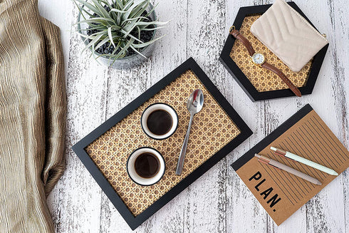 Premium Rattan Bamboo Tray, Set Of 2 Pcs Hexagon and Rectangular Hand Woven Modern Minimalistic Design, Living Dining Room Kitchen Serving Tray - Coffee, Breakfast, Food, Fruits, Countertop Decoration