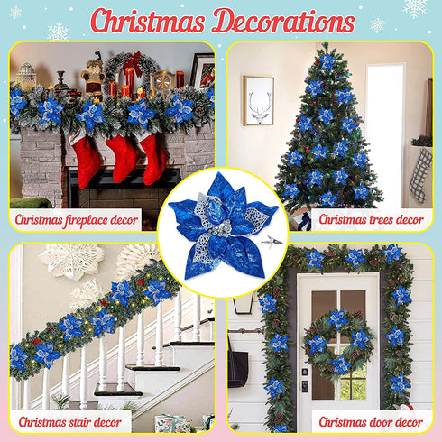 15 PCS Christmas Glitter Artificial Poinsettia Flowers Artificial Wedding Flowers Decorations Xmas Tree Ornaments with Clips (Blue)