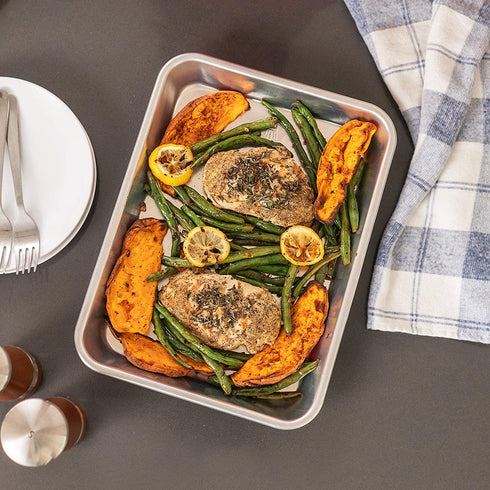 Baking Pan with Cooling Rack Set - Half Sheet Pan Size - Includes a Professional Aluminum Baking Sheet and a Stainless Steel Baking Rack for Oven - Durable, Easy to Clean, Commercial Quality