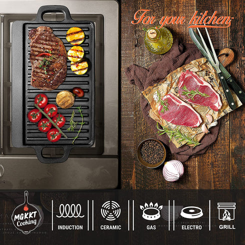 Cast Iron Griddle Plate 13 x 8 inch | Reversible Cast Iron Grill / Griddle Pan | Double Sided Stove Top Griddle On Single Burner | Pre-Seasoned Small Cast Iron Griddle 1 Piece