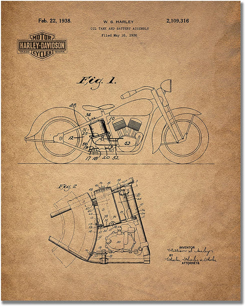 Harley Davidson Patent Prints (8 inches x 10 inches - Set of 6 Prints)
