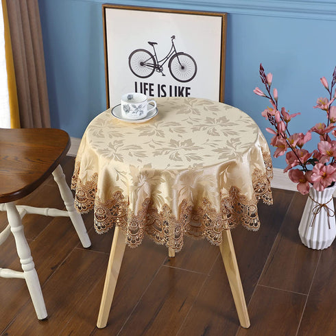 QsyyHome Jacquard Gold Small Round Lace Embroidery Tablecloth End Side Card Table Cover Kitchen Dining Room Tabletop Decorations 35 inch