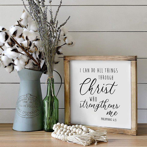 I Can Do All Things Through Christ Wall Art Sign 12x12 Inch - Christian Wall Art, Bible Verse Wall Decor, Scripture Wall Art, Philippians 4 13 Wall Decor, Wooden Bible Verse Sign, Farmhouse Wall Decor