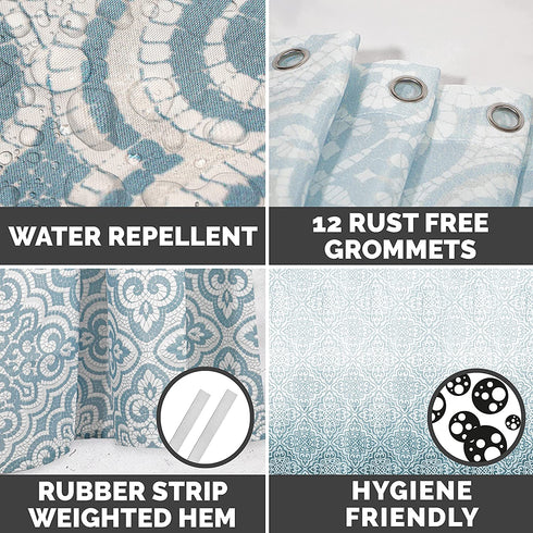 LYNXTEX Teal Blue Shower Curtain - Polyester Fabric Waterproof Weighted Hem Farmhouse Boho Shower Curtain Set with 12 Hooks for Bathroom Decor 72 X 72 Inch - Ombre Damask