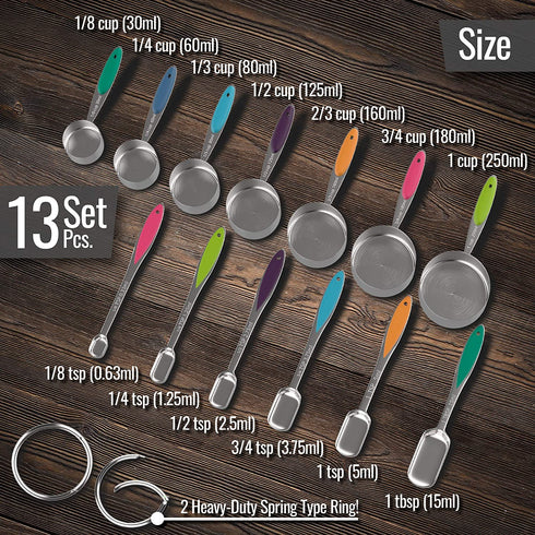 13-Piece Measuring Cups and Spoons Set - Stainless Steel Measuring Cups and Oval-Shaped Measuring Spoon - New Spring-Type Ring with No Sharp Edges - Non-Slip Silicone Grip Handles - Heavy-Duty