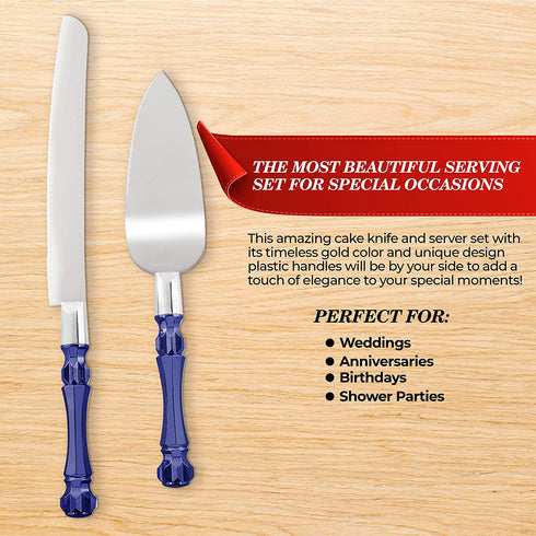 Homi Styles Cake Knife and Server - Wedding Cake Knife Set - Serving Set for Receptions, Birthdays - Cake Cutting Set - Match the Color to Your Event Theme - Cake Knife and Cutter (Blue)