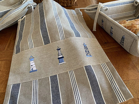 Cotton Cloth Bread Bags for Artisan Homemade Bread Reusable Food Storage - Large Drawstring Bread Bags and Bread Serving Basket - Embroidered Set of 3 (Nautical - Lighthouse)