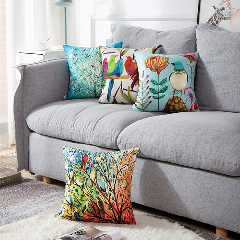 Emvency Set of 4 Throw Pillow Covers of Birds Tree Life and Green Oil Painting Hundreds Bird Decorative Pillow Cases Home Decor Square 20x20 Inches Pillowcases